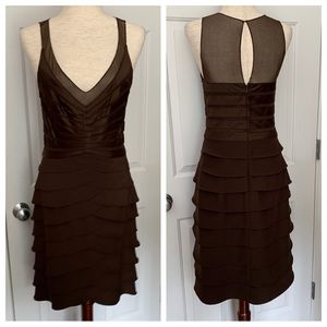 Xscape Chocolate Brown Silky Cocktail Formal Party Dress Sheath Sheer Layer Sz 8